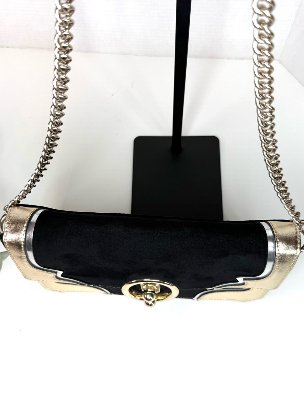 Express Women's Crossbody Mixed Media Black Velvet & Metallic Gold/Silver Bag - Picture 13 of 14